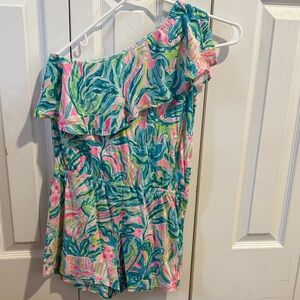 One-Shoulder Ruffle Romper in Teal, Pink & Lime